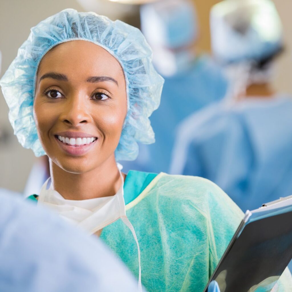a surgeon tech with a clipboard